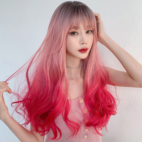 65 CM Wig Female Long Hair Gradient Big Wavy Curly Hair Fashion Pink Long Curly Hair