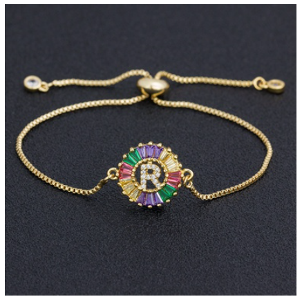 New Fashion A-Z Initial Colorful Cubic Zircon Letter Bracelets Adjustable Chain Rainbow Jewelry R