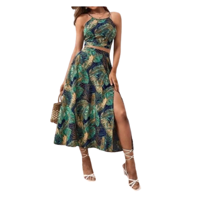 Lovito Women Boho Plants Lace Up Pattern Skirt Sets LNL40045