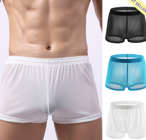 Soutong See Through Men Underpants Solid Color Mesh Yarn Mid Waist Transparent Thin Boxer Underwear For Daily Wear