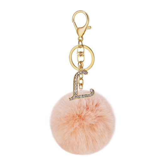 New 26 Letter Rhinestone Alloy Keychain Charm Girls Pink Pompom Key Ring Car Key Holder Women Bag Ornaments Accessories L