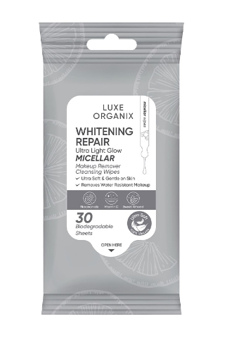 Luxe Organix Whitening Repair Ultra Light Glow Micellar Makeup Remover Cleansing Wipes 30s