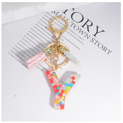 Colorful Beades Filled A-Z 26 Letter Keychains For Women Fashion Initials Keyring With Tassel Bag Pendant Accessories Souvenir Y