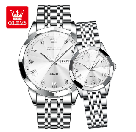 Olevs New Couple Watch Waterproof Original With Box Fashion Calendar Luminous Stainless Steel Luminous Luxury Quartz Wrist Watch WHITE DIAL SILVER CASE STRAP