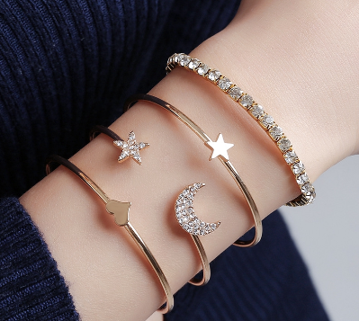 4PCS/Set Luxury Diamond Moon & Star Open Bracelet Bangle