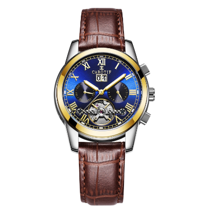 CAROTIF Automatic Tourbillon Watch for Men - Gold Skeleton Luxury Stainless Steel Calendar F6002C 1