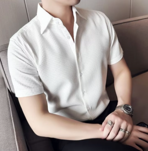 Men's Korean style Plain Color Waffle Button Polo Shirts Fashion Short Sleeve Lapel Collar Shirt Trend Street Loose Top M-3XL