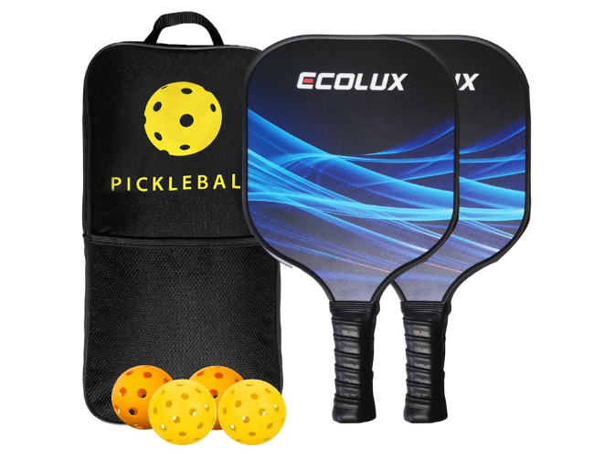 Pickleball Paddle Set of 2 - Glassfiber Lightweight Racket - 2 Paddles- 4 Balls -1 Carring Bag - Blue - 14mm Thick Polypropylene Honeycomb Cores, Non Slip Grip