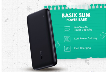 Aukey PB-N73 Basix Slim 10000mah Ultra Thin Powerbank 12W USB Type C Fast Charge for iPhone Android