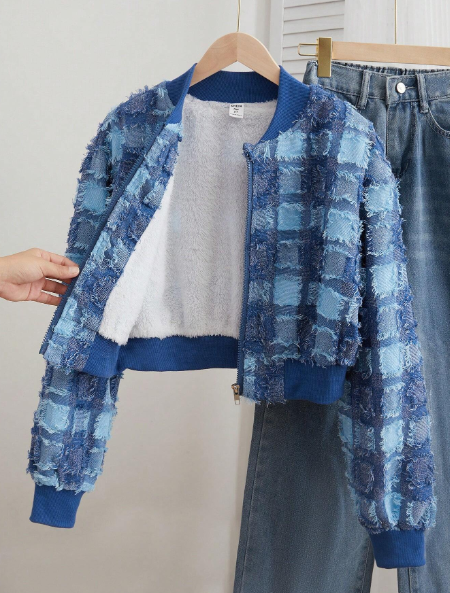 Teenagers' Front Zipper Long Sleeve Frayed Fleece Jacket, Casual Everyday Wear