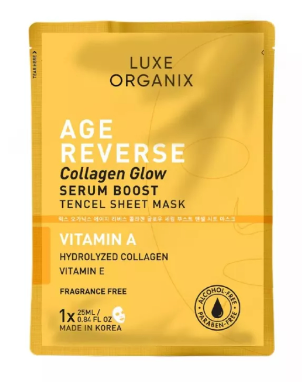 Luxe Organix Age Reverse Collagen Glow Serum Boost Tencel Sheet Mask 25ml