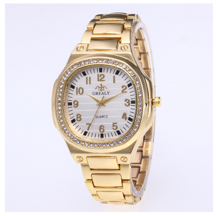 New style diamond men's quartz watch business casual rhinestone alloy steel band watch square student watch simple couple watch GOLD