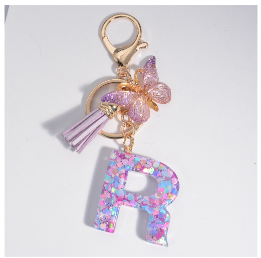 Sweet Heart Sequin Filled A-Z Letter Keychains With Tassel Fashion Butterfly 26 Alphabet Keyring Car Keyholder Birthday Gifts R