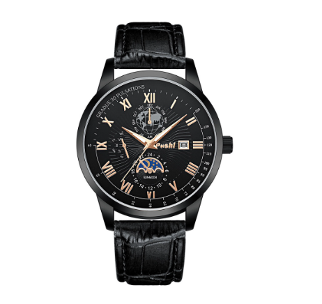 POSHI Original Men Watch Luxury Brand Leather Casual Waterproof Quartz Fashion Wristwatch ALL BLACK