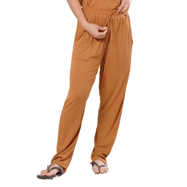 INSPI Chic Plain Ribbed Pants for Women Korean Casual Rib Knitted Pajama Plus Size Wide Baggy Pant (Caramel)