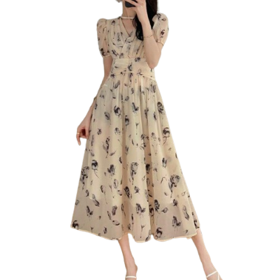 Lovito Women Elegant Floral Pleated Dress LNL37144 (Apricot)