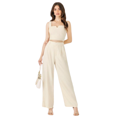 Lovito Women Casual Plain Wide Leg High Waist Pants Sets L47ED082 (Apricot)