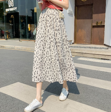 Large Swing Skirt Floral Long Skirt Half-Length High Waist A-Line Drape Mid-Length Chiffon Summer New Retro