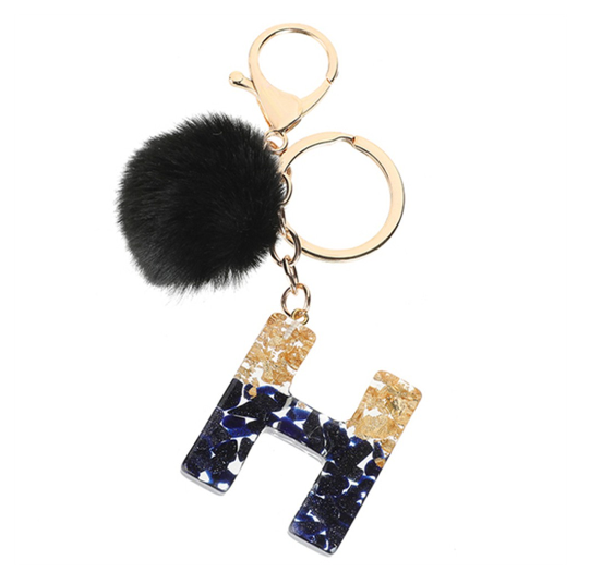 New Black Pompom 26 English Alphabet Resin With Gold Foil Keychain Charms Exquisite Letter Keyring H