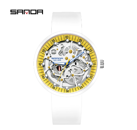 Sanda Trendy Energetic Fashionable Simple Luxurious Drop Resistant Waterproof Stone Rock Watch WHITE YELLOW