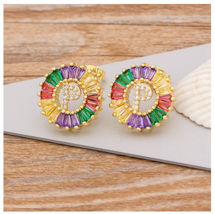 Colorful Choice 26 Initial Letters Earrings Cute Alphabet Copper CZ A-Z Rainbow Stud Earrings Name Jewelry P