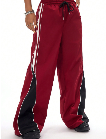 SHEIN Teen Girls' Red Color Block Patchwork Tape Relaxed Sporty Windbreaker And Wide-Leg Pants Set, Retro College Style