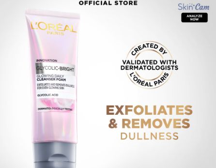 LOreal Paris Glycolic Bright Glowing Cleanser Foam (100mL) - Brightening, Dark Spots, Glowing Skin