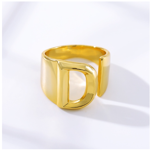 Maxzone Fashion Adjustable Open Gold Initial Rings For Women Stainless Steel A-Z Letter Ring Ladies Meaningful Wedding Jewelry Gift D