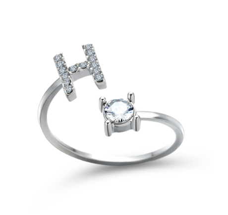 Silver A-Z Letters Ring for Women Cubic Zirconia Initial Letter Ring Fashion Jewelry Gift Adjustable H