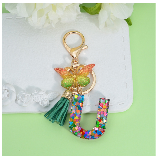 Fashion Butterfly Pendant 26 Letter Keychain Heart Sequins Filled A-Z Initial Key Chains With Tassel Bag Charms Accessories Gift U