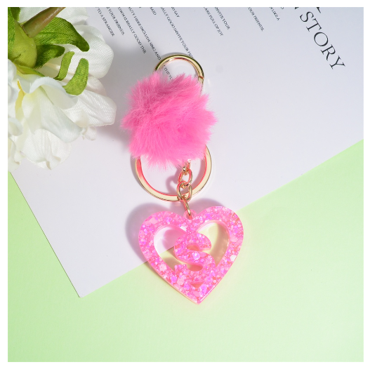 Pink Heart A-Z 26 Initials Keychain With Furball Fashion Letter Resin Keyring For Women Bag Ornaments Car Key Accessories Gifts B