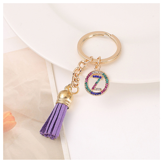 Mini Colorful Rhinestone A-Z Letter Keychains Trendy Tassel 26 Initials Metal Keyring Bag Charms Pendant Key Holder Accessories Z