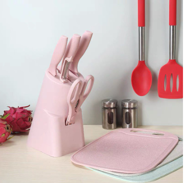 Non Stick Kitchen Cutlery Set Kitchen Knife Chopping Board Scissors Set Holder Stainless IP