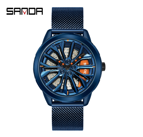 Sanda Fashion Pioneer Car Lover Cool Spinning Hub Racing Style Quartz Watch Style Luxury Watch BLUE MESH STRAP