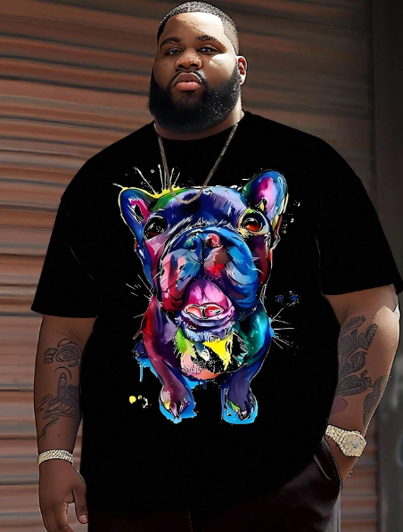 Plus Size Men's Summer Trendy Letter & Cartoon Print Crew Neck Casual T-Shirt
