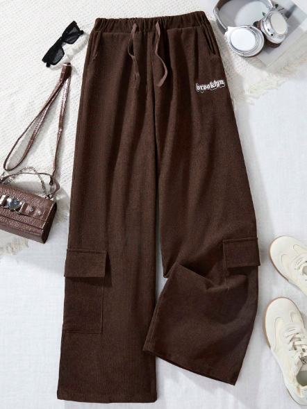 Teen Girl Casual Letter Embroidery Drawstring Waist Cargo Pants