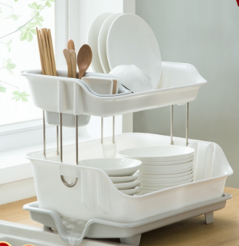 LOCAUPIN 2 Tier Dish Drainer Plate Rack with Drain Board Utensil Holder Kitchen Countertop Organizer