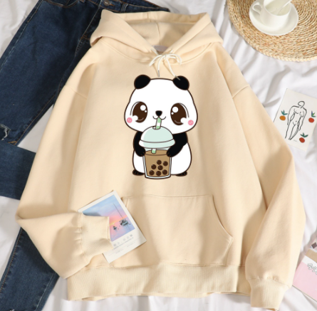 Pearl Milk Tea Panda Kawaii Print Womens Hoody Crewneck Pullover Sweatshirt O-Neck Casual Hoodies
