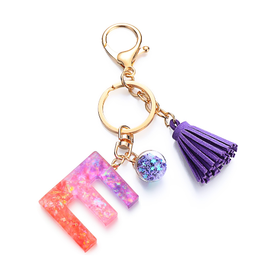 Cute Creative 26 Letter Alphabet Crystal Glitter Resin Keychain Women Tassels Keyring Car Key Holder Bag Charms Accessories E