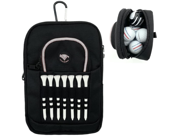 Golf Ball Bag Pouch with Front Tee Holder with Detachable Clip | Store 12-15 Balls | Zipper Pockets for Valuables and Accessories | Velcro Sleeve and 7 Front Tees Slots |Includes Bamboo Tees 3 1/4 in