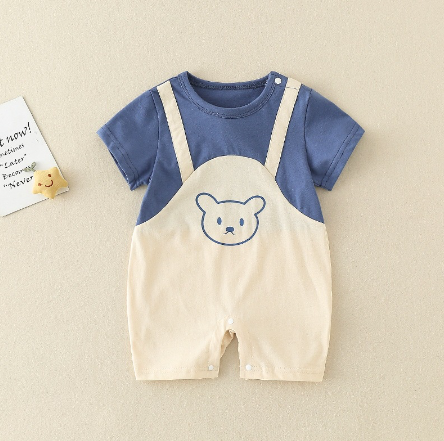 BCBL Newborn Baby Boy Jumpsuit Short-sleeved Cartoon Bear Fake Two-piece Harness Jumpsuit