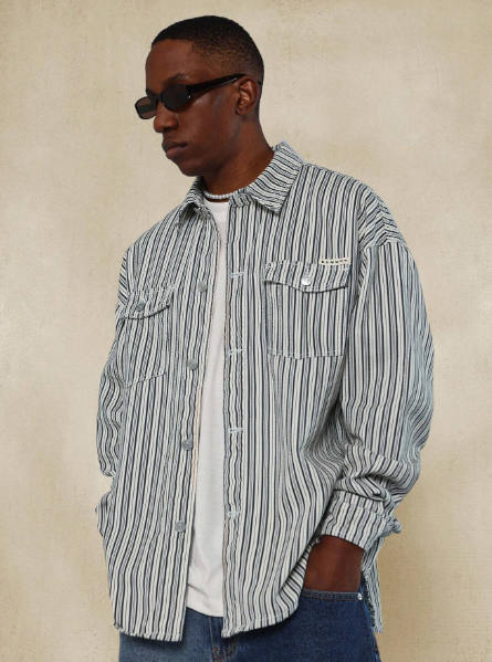 SUMWON Oversized Fit Pinstripe Curve Hem Shirt