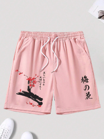Manfinity Homme Loose Fit Men's Floral & Japanese Letter Printed Shorts With Drawstring Waist