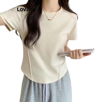 Lovito Women Modest Plain Structure Line T-Shirt LNA27168 (Apricot/Black)