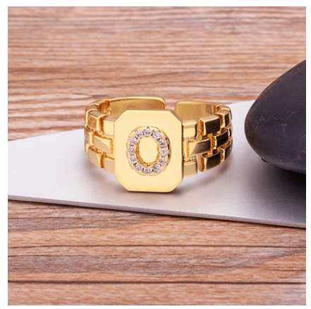 New Arrival Fashion Gold Color Initial Ring Open Design Adjustable Hot Sale A-Z Letters Zircon Rings For Women O