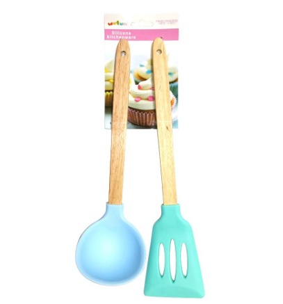 2in1 Silicone Soft Soup Spoon And Slotted Turner With Wooden Handle