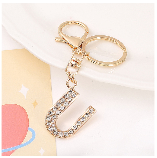 Simple Rhinestone 26 Letter Keychain Gold Color A-Z Initials Metal Keyrings For Women Car Keyholder Accessories Birthday Gifts U