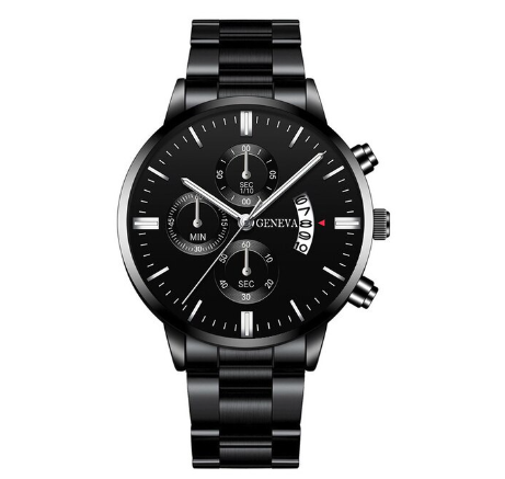GENEVA Luxury Silver Mens Stainless Steel Analog Watches Mens Three Eyes Calendar Quartz Business Wristwatch Men Watch BLACK SILVER