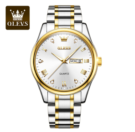 Olevs Watch For Men Original Waterproof Stainless Steel Business Quartz Calendar Luminous Watch WHITE DIAL TWO TONE STRAP