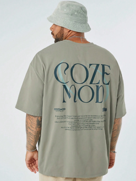 Manfinity CozeMod Men's Plus Size Casual Knitted Loose Fit Drop Shoulder Round Neck Short Sleeve T-Shirt With Letter Print. Suitable For Daily Wear In Summer.